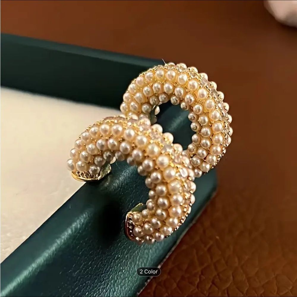 Elegant Rhinestone C Shaped Pearl and Gold Hoop Earrings
